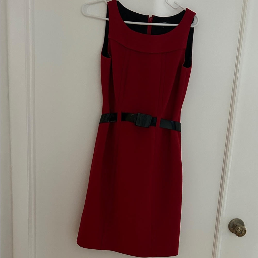 Red Sleeveless Belted Sheath Dress